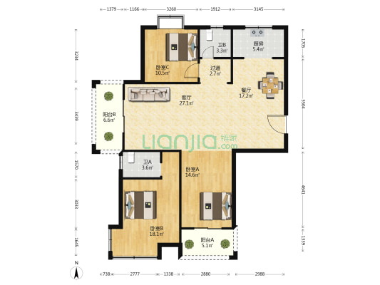 龙泽园西区 3室2厅2卫 134平方