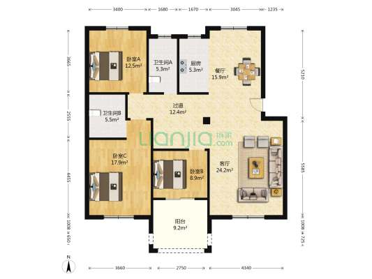 青蓝雅苑 3室2厅2卫 225平方