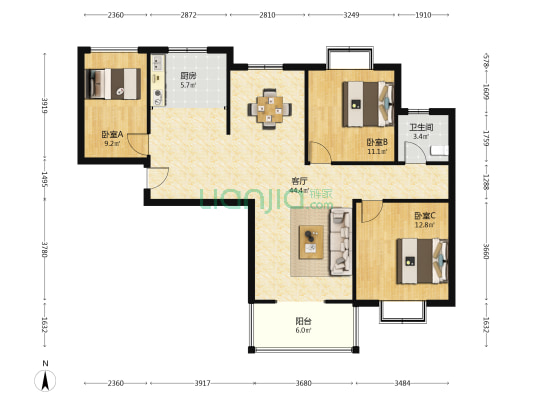 新城锦绣 3室1厅1卫 117平方