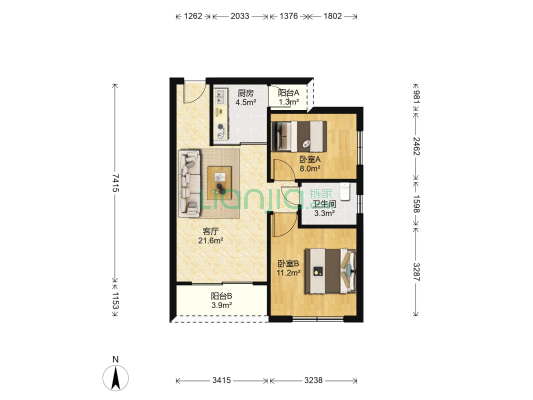 太阳园 2室1厅1卫 69平方