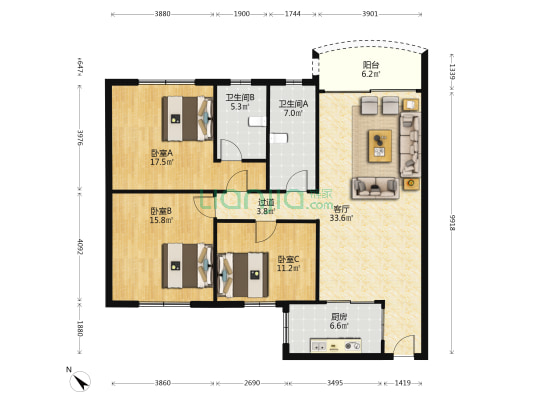 珊洲新苑 3室1厅2卫 131平方