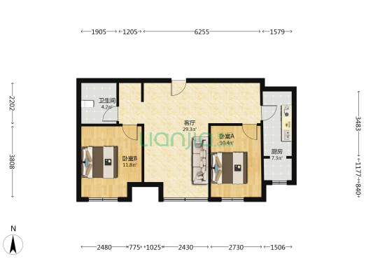 鸿坤新维港 2室2厅 南 北-户型图