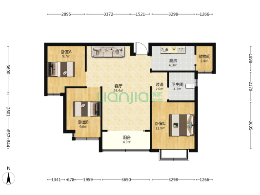 恒大悦府二期(悦龙湾） 3室1厅1卫 116平方