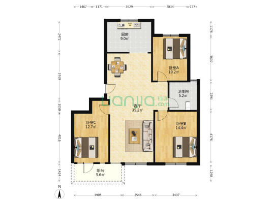 三里河文苑 3室1厅1卫 120平方