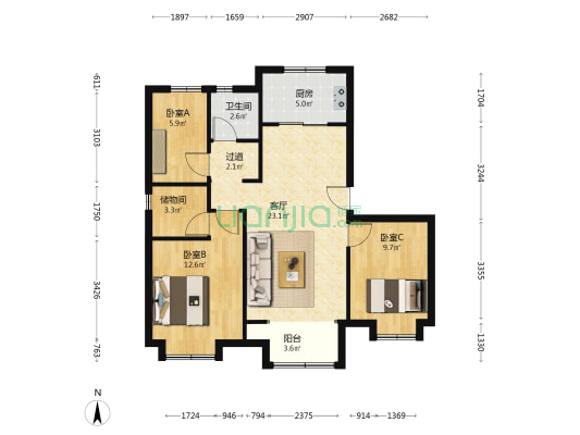 悦麓名邸 3室1厅1卫 93平方
