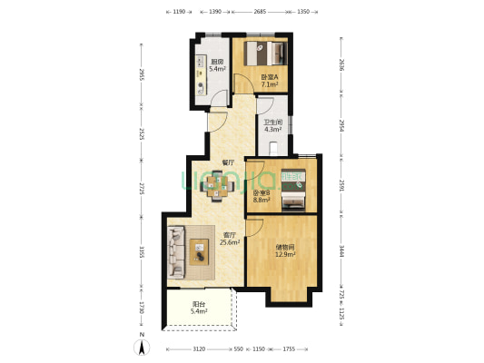 中垠紫金观邸 2室1厅1卫 90平方