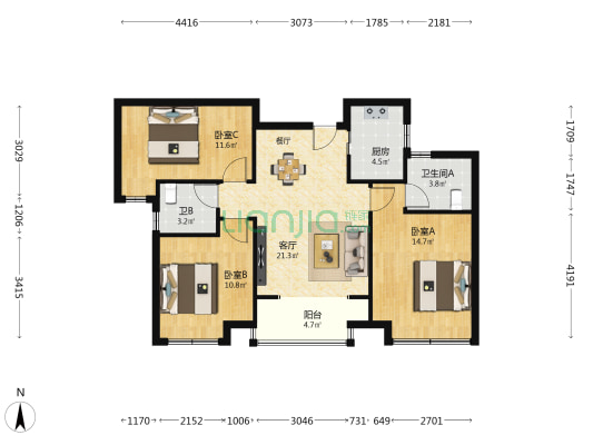 绿城·春江明月 3室1厅2卫 102平方