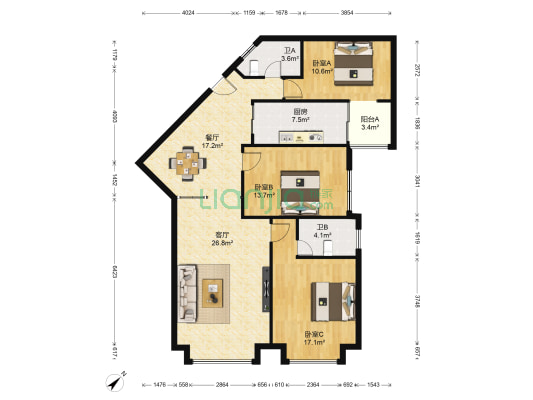 洋河花园 3室2厅2卫 129平方