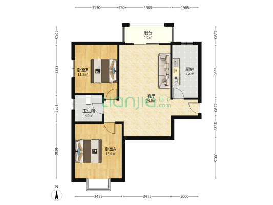 此房房本满二，南北通透格局，楼层中高层，明厨明卫-户型图