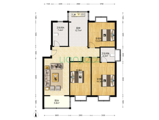 唐明园 3室1厅2卫 129平方