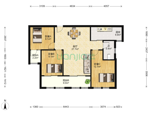 奕园 3室1厅1卫 108平方