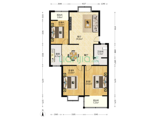 学林花园西区 3室1厅1卫 114平方