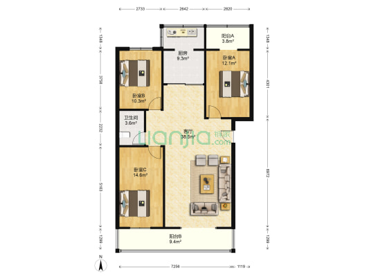 红日楼 3室1厅1卫 121平方