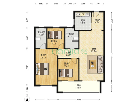 徐州天辰 3室1厅2卫 121平方