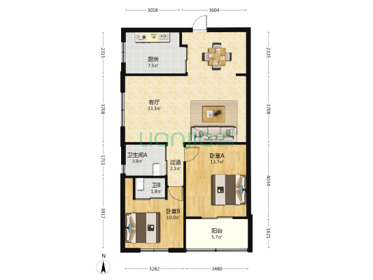 月光苑 2室1厅2卫 107平方