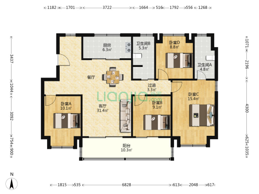 美的·云筑 4室1厅2卫 128平方