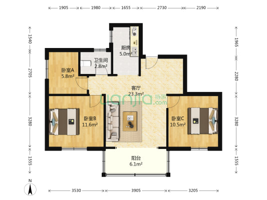 日东名苑 3室1厅1卫 80平方