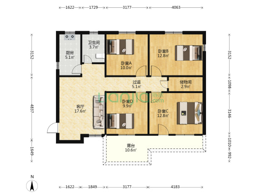 省检察院宿舍 4室1厅1卫 102平方