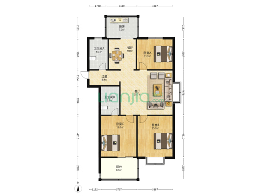 青年路69号院 3室2厅2卫 129平方
