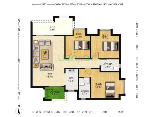 悦澋台 3室1厅2卫 109平方