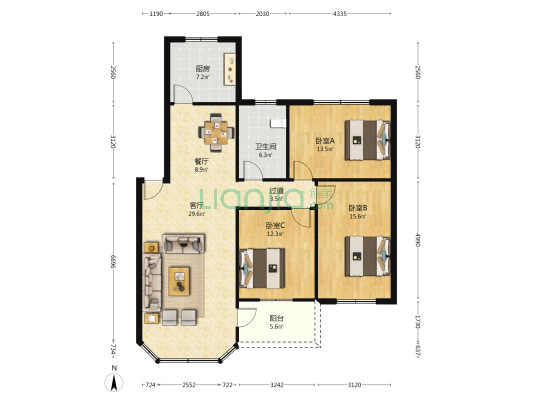 华侨村 3室2厅1卫 117平方