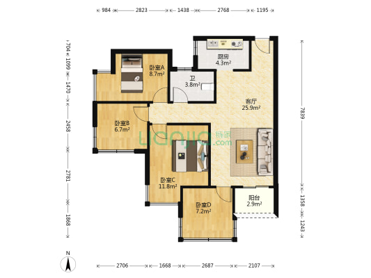 中海国际一期 4室1厅1卫 84平方
