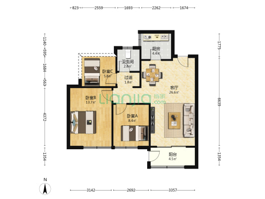 贵阳小关万达广场 3室1厅1卫 85平方