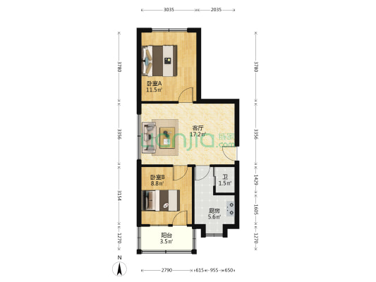 慧园街 2室1厅1卫 58平方