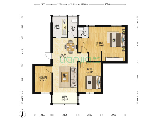 赤岗东路 2室1厅2卫 88平方