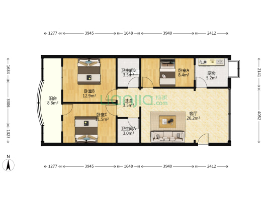 长征路70号 3室1厅2卫 110平方
