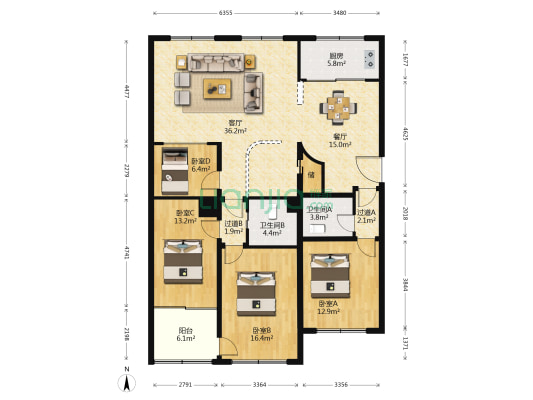 兴和家园 4室2厅2卫 158平方