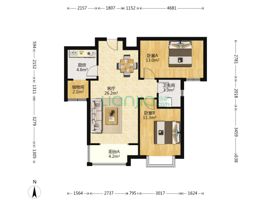 文華名邸 2室1厅1卫 90平方