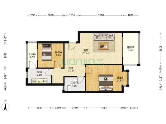 桂香苑 2室1厅1卫 85平方