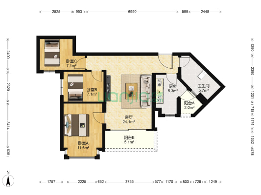 恒大龙江翡翠 3室1厅1卫 88平方