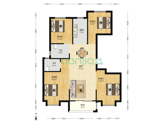 创智泓家 4室1厅2卫 143平方