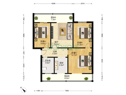 四川省社会科学院 3室1厅1卫 85平方