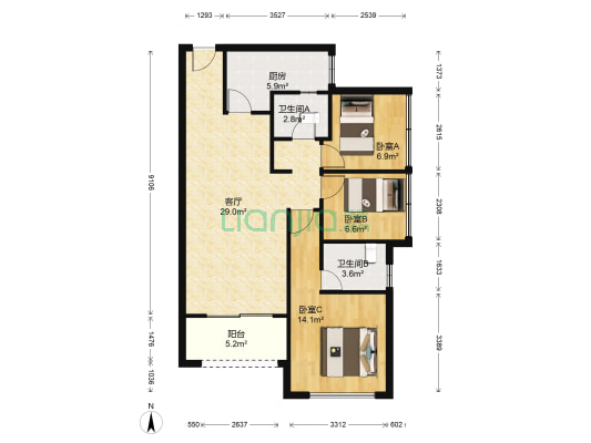 龙光水悦熙园 3室1厅2卫 89平方