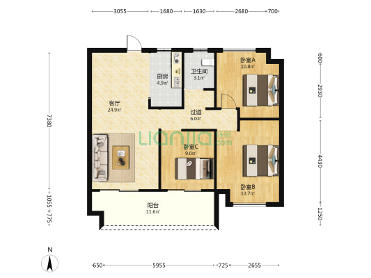 港利上城一品 3室1厅1卫 103平方