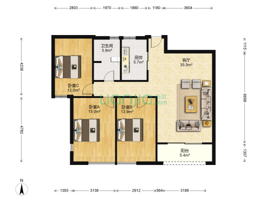 白鹭园 3室1厅1卫 118平方