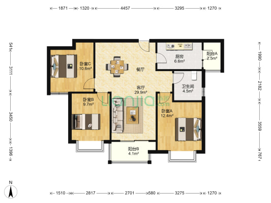 红叶花园二区 3室1厅1卫 104平方