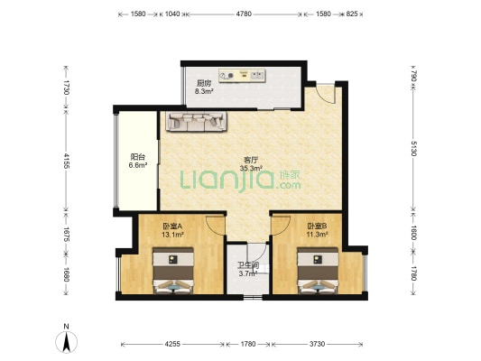 珠江国际 2室1厅1卫 91平方