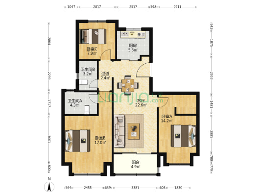 朗悦花园 3室1厅2卫 114平方