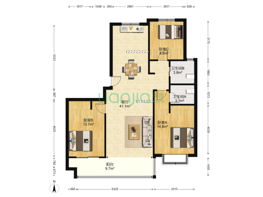 银盛泰香江学府 3室1厅2卫 124平方