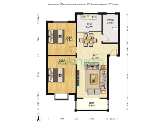 北辰公寓 2室1厅1卫 94平方
