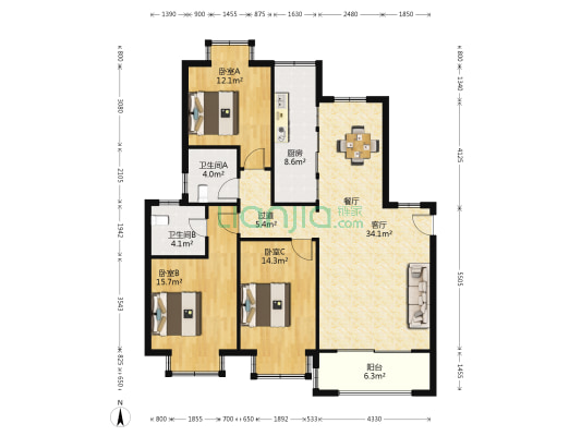金吉华冠苑 3室1厅2卫 140平方