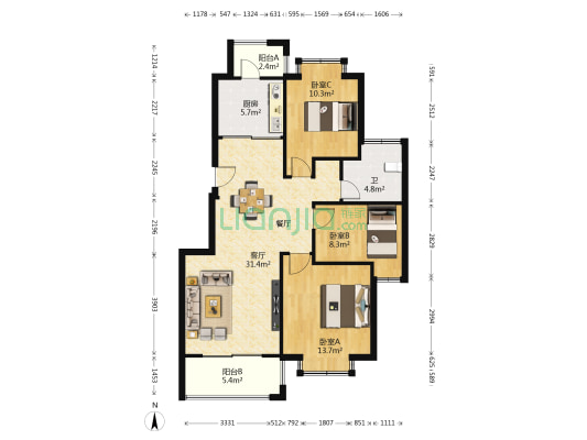 炜赋星湖邻里 3室1厅1卫 97平方