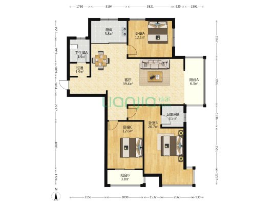 缔景天城翠苑 3室1厅2卫 136平方