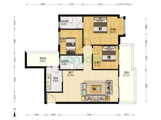 清新大道7号 3室1厅2卫 125平方