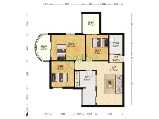 鼓楼南街99号 3室1厅1卫 90平方