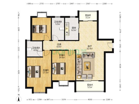 子胥花苑 3室1厅2卫 147平方
